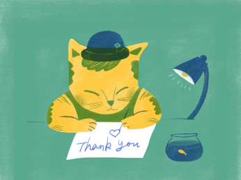书桌上写感谢卡的猫咪插画