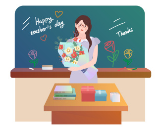 教师节送花给老师 扁平人物插画