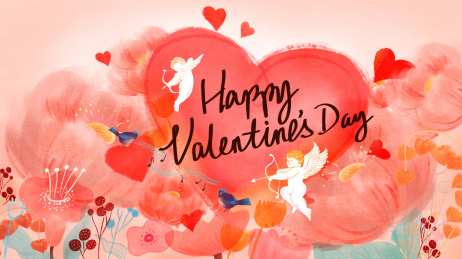 花丛中的丘比特和爱情鸟情人节插画