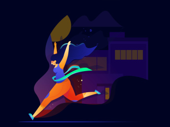 夏日夜晚女生跑步 跑出炫彩人生幻想矢量扁平