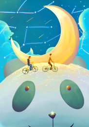 熊猫和月亮下骑自行车的两个人