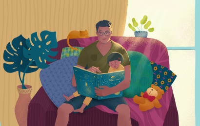 早晨的光芒中女儿和父亲在植物环绕的沙发上看书