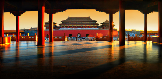 北京故宫大殿前夕阳西下的风光