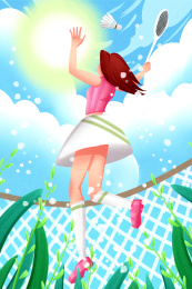 小清新风格女孩打羽毛球插画