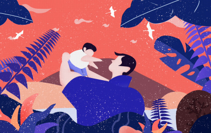 手绘小清新插画强壮的父亲抱着可爱的孩子