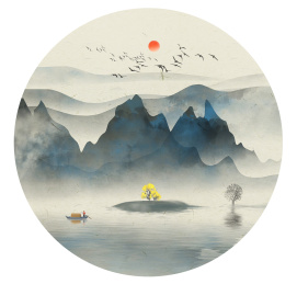 手绘中国风水墨蓝意境山水画