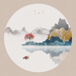 手绘中国风意境金色抽象山水风景画