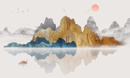 手绘中国风意境金色抽象山水风景画
