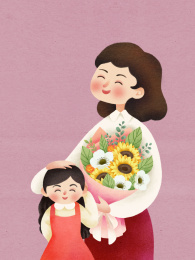 手捧鲜花的微笑的母亲和孩子