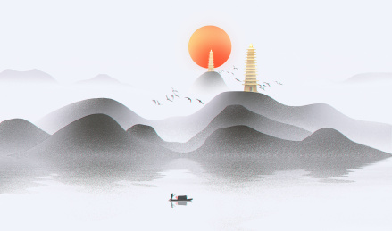 手绘中国风意境水墨山水风景画