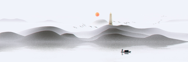 手绘中国风意境水墨山水风景画