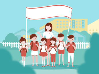 多个学生和女教师开学迎接新生矢量图