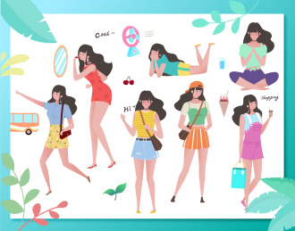 扁平矢量风大波浪小美女日常生活人设