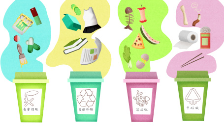 小清新风格垃圾分类环保垃圾箱插画 