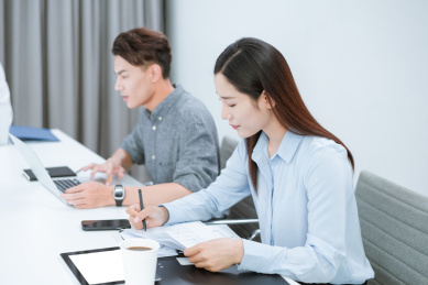 两个着职业装在办公室工作的年轻职员