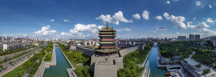 山西大同城墙乾楼护城河公园航拍全景大同蓝