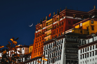 夜晚月色下的布达拉宫建筑特写