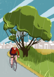 下雨天在城市外郊区森林旁骑行的男子，运动概念插画