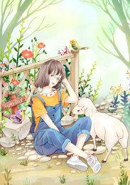 栅栏边上的女孩和羊咩咩