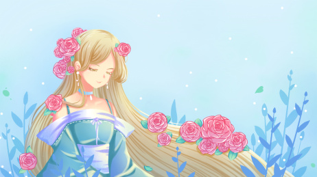 一位美丽的长发少女，头发上点缀着鲜花。一幅唯美的白露节气插画