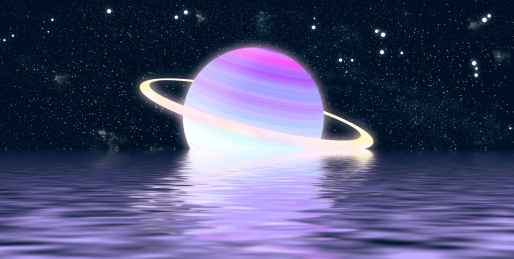 一个发光的星球静静地躺在河面上，星星在森林的夜空闪烁超现实插画背景海报