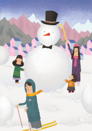 一家四口在雪地上玩耍、滑雪，堆雪人，冬日概念插画