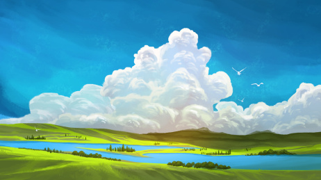 蓝天白云下的春季大草原风景 数码绘画 写实插画