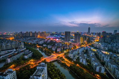  中国常州市奥体中心与传媒大厦夜景风光