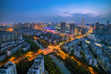  中国常州市奥体中心与传媒大厦夜景风光