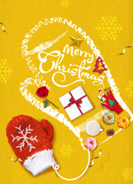 黄色系圣诞手套玫瑰花白色礼物盒七彩甜甜圈针织手套摆拼，圣诞节概念海报