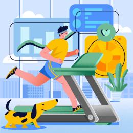 城市青年在健身房内的跑步机上健身有宠物狗跟着显示不同的运动数据 健身运动扁平化插画