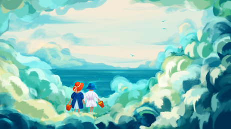 两个站在云端手提颜料桶的孩子 数码绘画