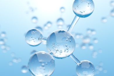 蓝色的干净的水滴玻璃球组成的甲烷CH4分子