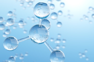 蓝色的干净的水滴玻璃球组成的甲烷CH4分子