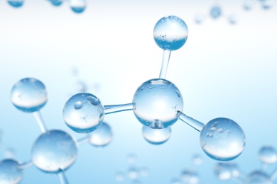 蓝色的干净的水滴玻璃球组成的甲烷CH4分子