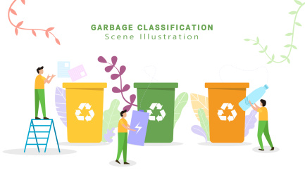 垃圾分类和垃圾回收矢量插画，小人把垃圾扔到垃圾桶里，分类垃圾、纸、塑料、有机垃圾、电子垃圾
