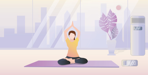 美丽时尚的年轻单身女孩在健身房室内练瑜伽锻炼身体，一边开着智能空调感受科技带来的乐趣插画背景海报