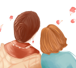 母亲节期间母亲和女儿依偎在一起看彩霞插画