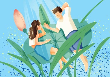 七夕节情侣在户外躺在荷叶上讲故事