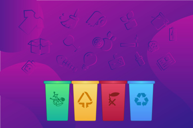 渐变背景上渐变风格的四个垃圾桶及垃圾分类物品