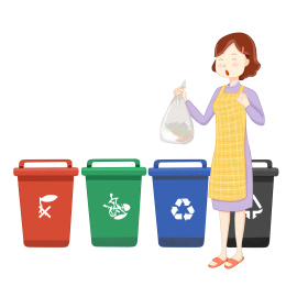 垃圾分类主题插画-家庭主妇拎着厨余垃圾进行正确分类