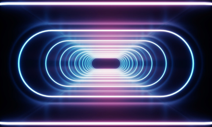 红蓝色霓虹灯环绕构成的发光通道隧道