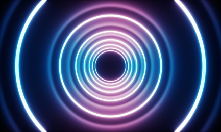  红蓝色霓虹灯环绕构成的发光通道隧道