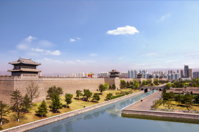 中国山西大同古城护城河建筑群风光