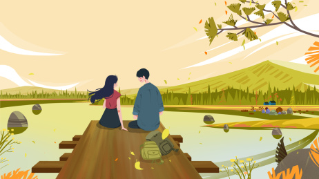 秋季郊外旅游的情侣插画 两个坐在桥边聊天的人