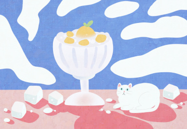 猫咪和芒果刨冰的夏日清新插画