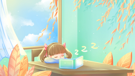 在教室中，小女孩面前挡着书趴在桌子上睡觉，身后是开着的窗户，唯美插画。
