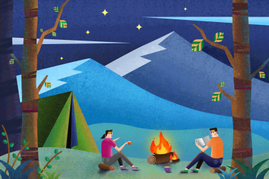 夜晚在美丽的星空下，年轻的情侣们在露营中围着篝火喝茶看书休息，旁边是绿色的帐篷，夜空中布满了星星和银河。背景是白雪覆盖的群山