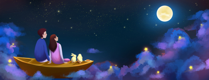 中秋节之夜坐在船上的恋人望着月亮 云朵上的星星梦幻中秋节插画