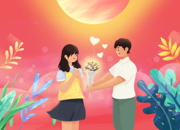 一个男孩手捧一束花在向女孩表白——情侣插画